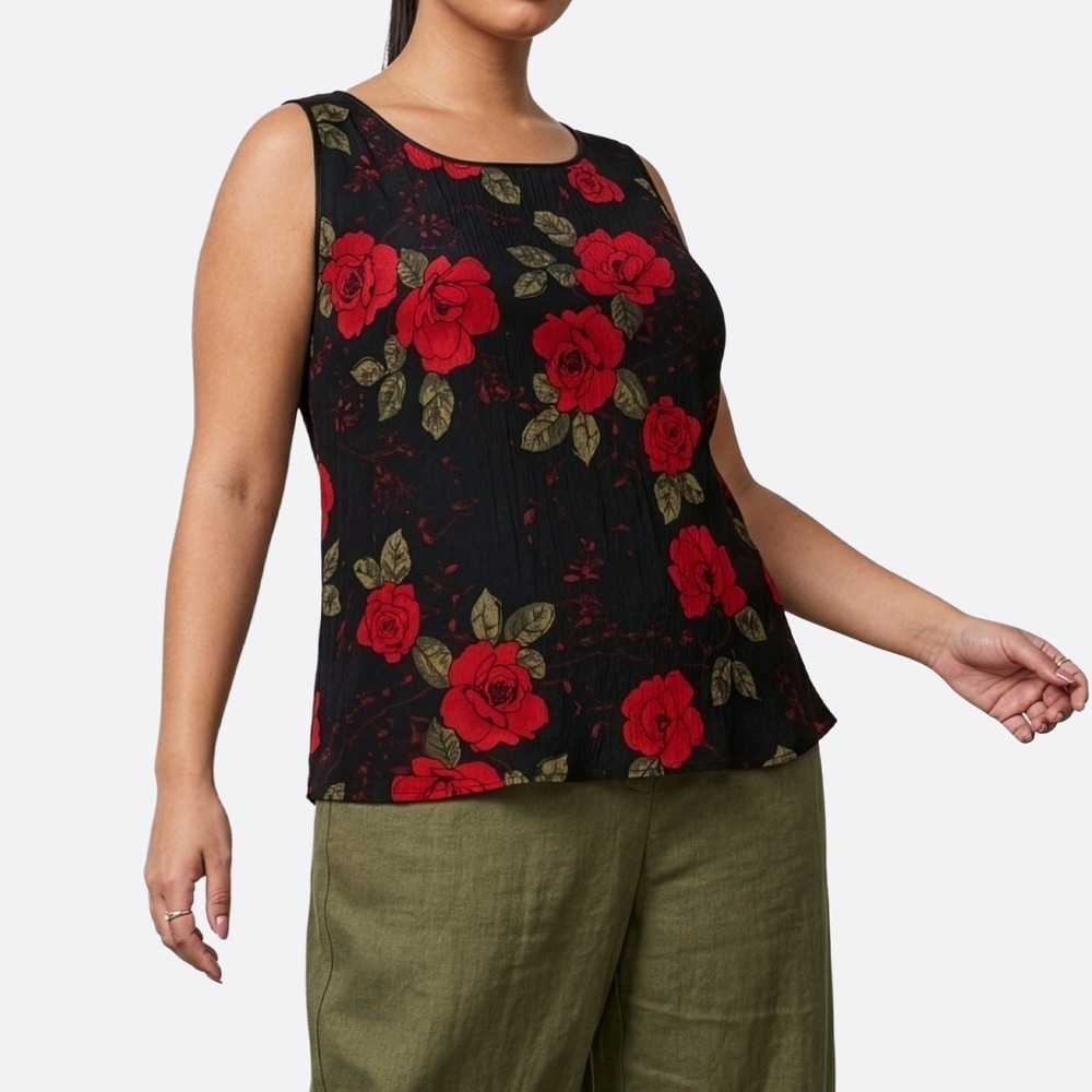 Pure Silk Blouse L XL 1X 12 14 Black Red Rose Floral Shell Tank Top Whimsigoth‎